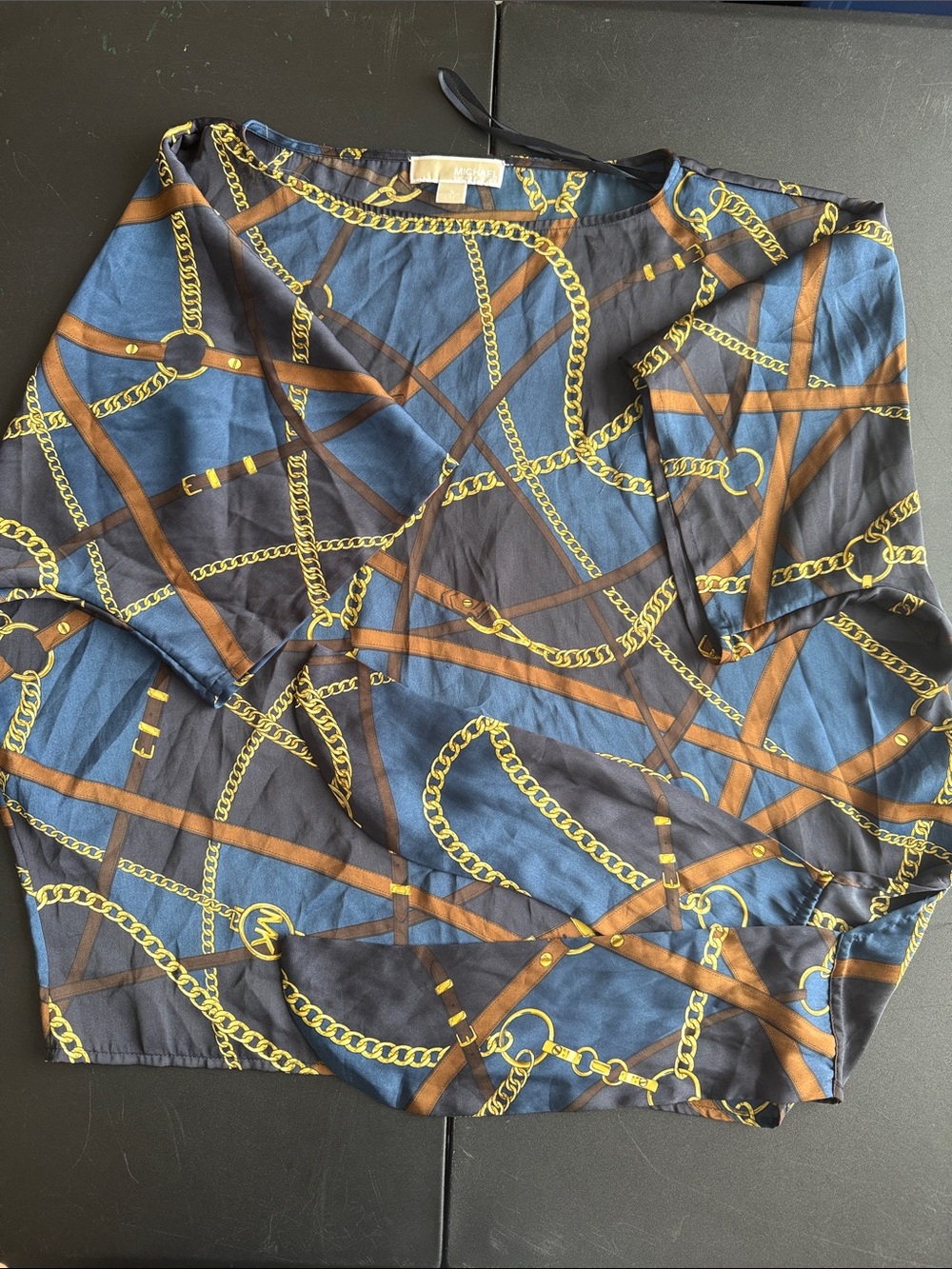 MICHAEL Michael Kors Blue Shirt with Gold Chain and Brown Belt Print